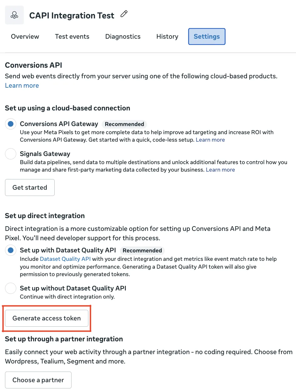 Aba de configurações do Gerenciador de Eventos, seção API de Conversões, com o link para gerar o token de acesso em destaque (imagem da documentação da Meta, em inglês).