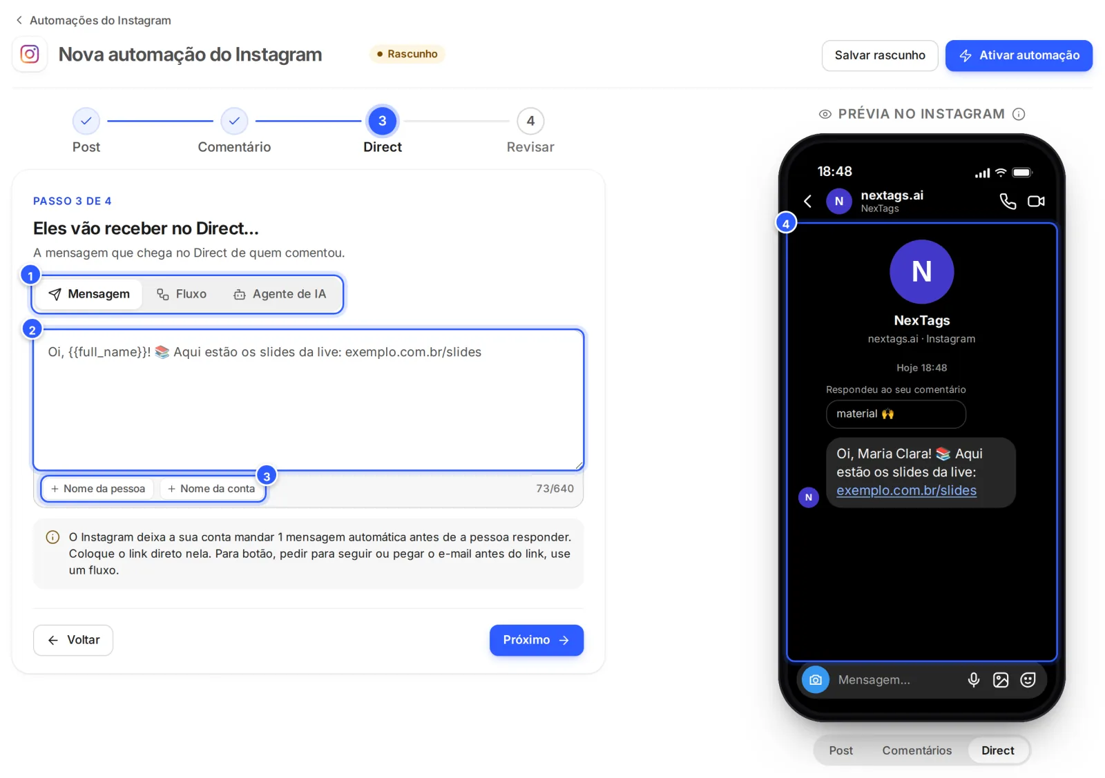 Passo 3 de 4, Eles vão receber no Direct: Mensagem escolhida, o texto com o nome da pessoa e o link dos slides, os botões Nome da pessoa e Nome da conta, e a mensagem no Direct na prévia.