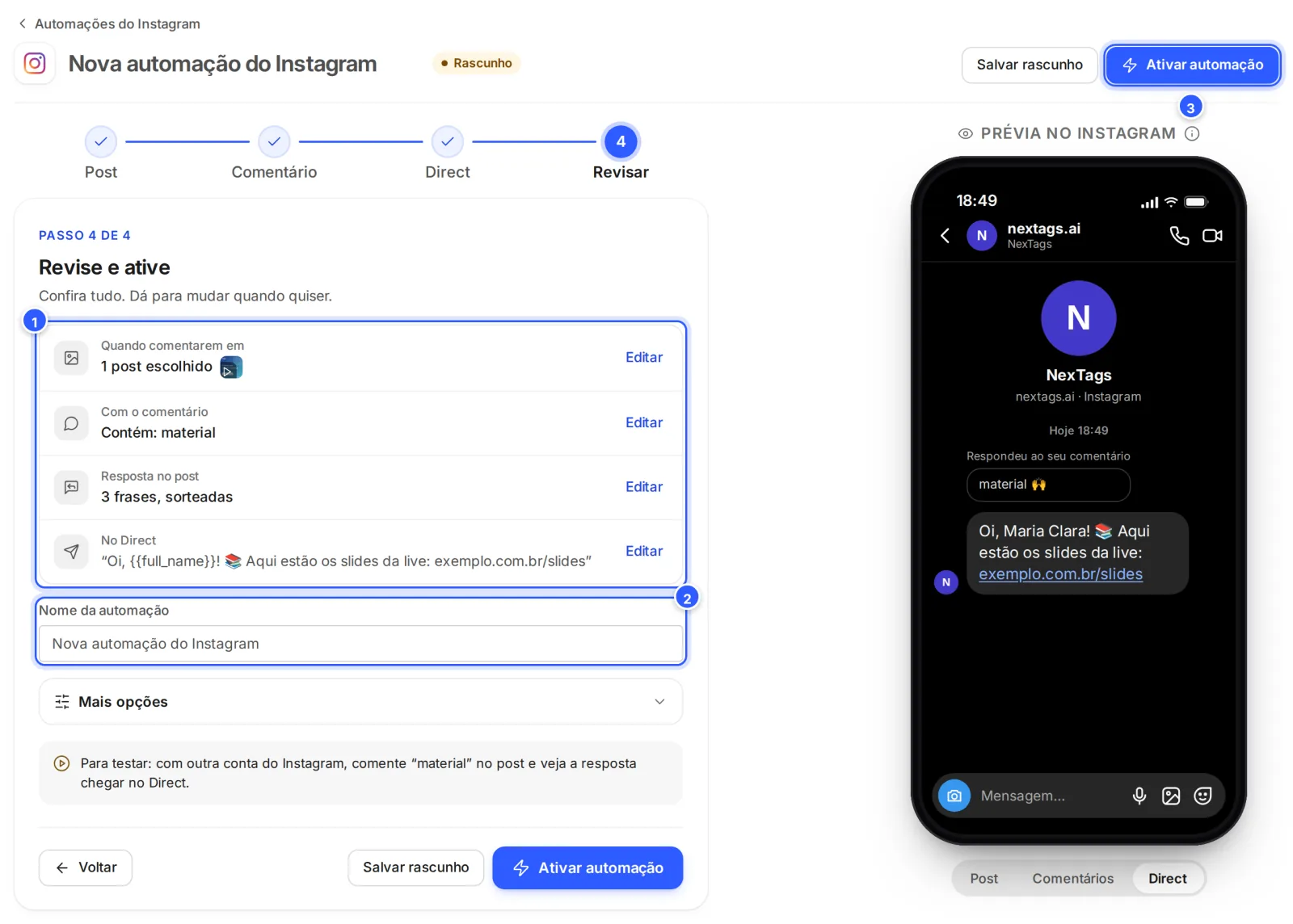 Passo 4 de 4, Revise e ative: o resumo com o post escolhido, a palavra material, as três frases e a mensagem do Direct, o nome da automação e, no alto, Salvar rascunho e Ativar automação.