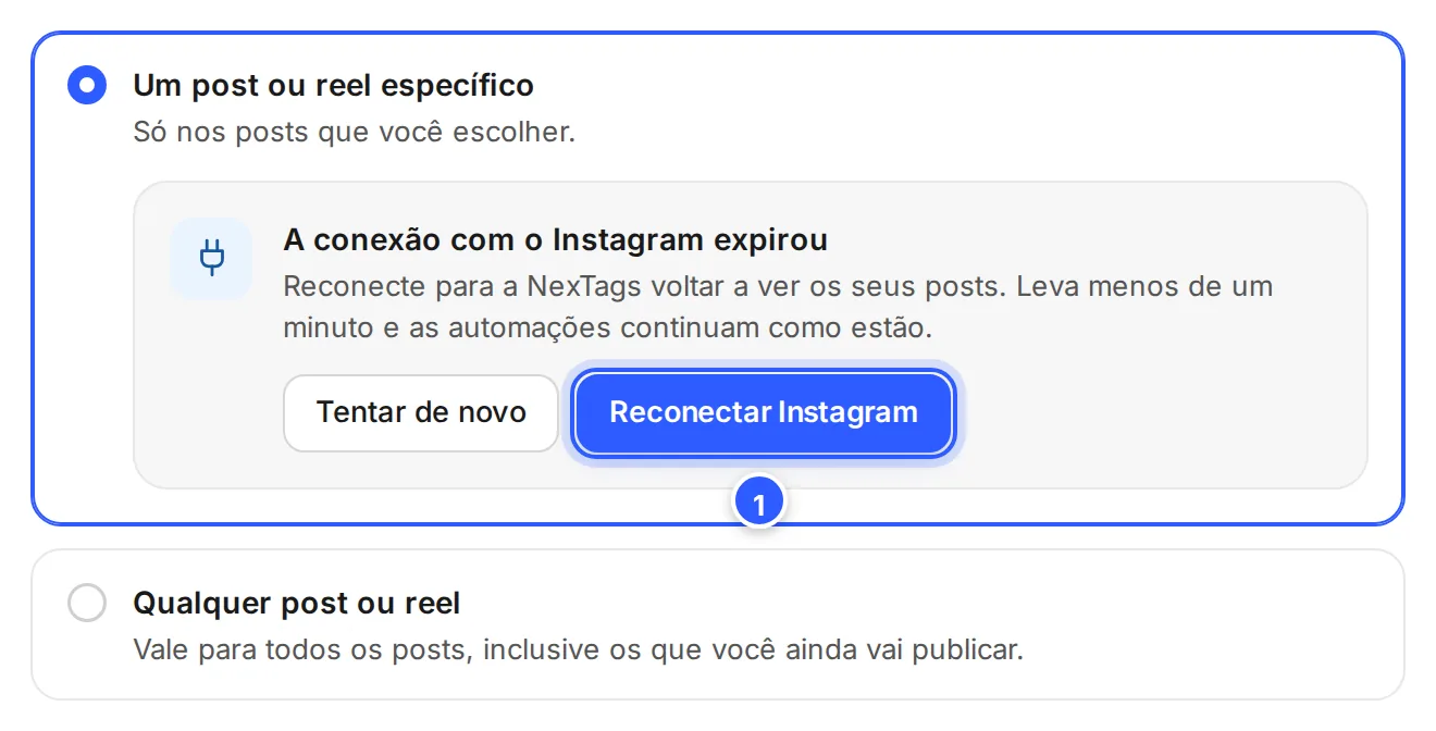 Passo Post do assistente com o aviso A conexão com o Instagram expirou, os botões Tentar de novo e Reconectar Instagram.