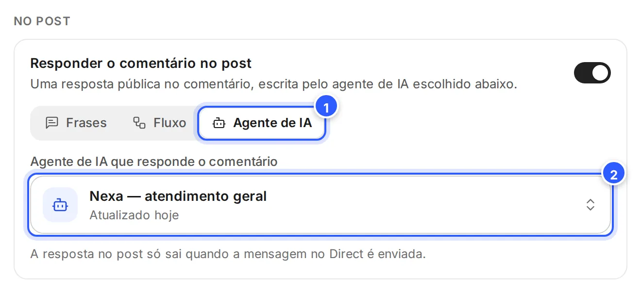 Cartão Responder o comentário no post com Agente de IA escolhido e o campo Agente de IA que responde o comentário preenchido.
