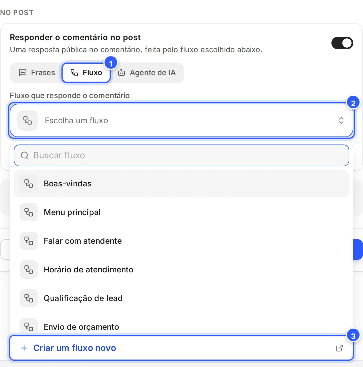Cartão Responder o comentário no post com Fluxo escolhido: o campo Fluxo que responde o comentário aberto, com a busca, a lista de fluxos e Criar um fluxo novo.