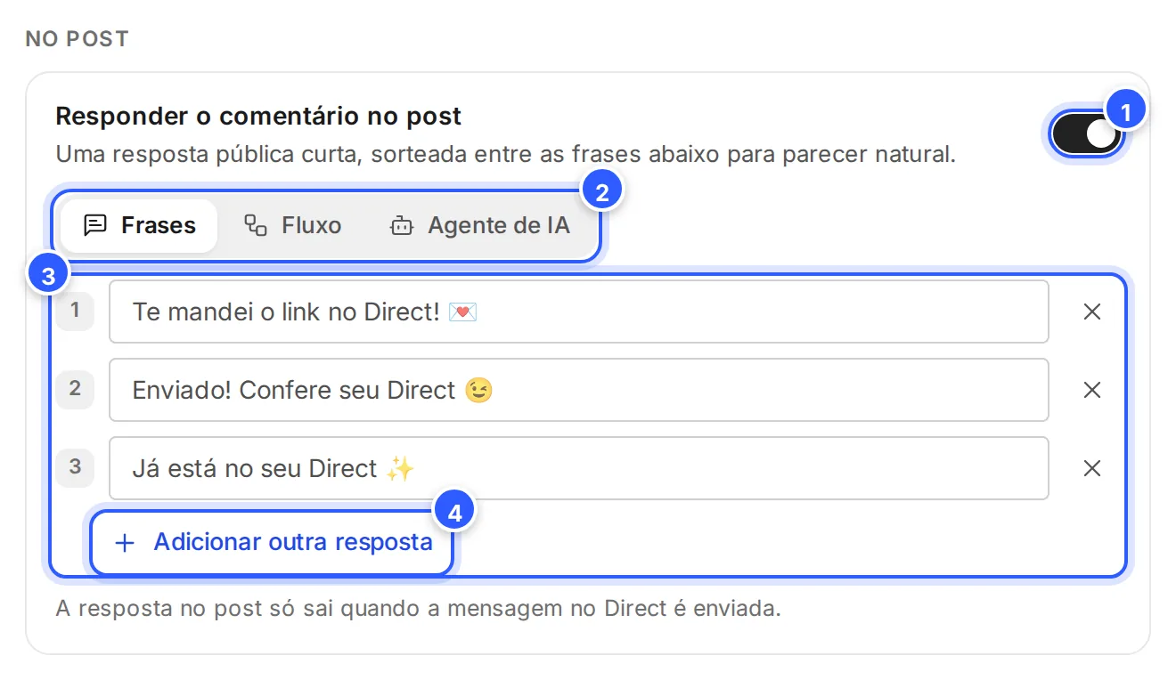 Cartão Responder o comentário no post ligado, com Frases escolhido, as três frases numeradas, Adicionar outra resposta e o aviso de que a resposta no post só sai quando a mensagem no Direct é enviada.