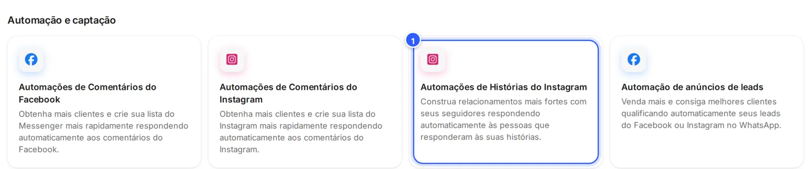 Ferramentas, grupo Automação e captação: o cartão Automações de Histórias do Instagram, ao lado das automações de comentários e da automação de anúncios de leads.
