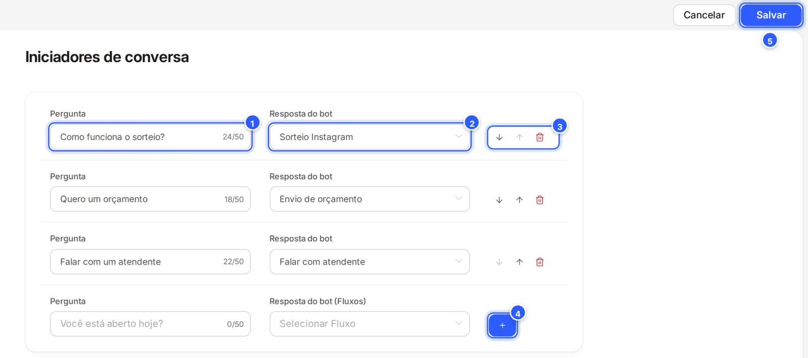 Tela Iniciadores de conversa do Instagram: três perguntas com a Resposta do bot (o fluxo), as setas e a lixeira de cada uma, a linha vazia com o botão + e, no alto, Cancelar e Salvar.
