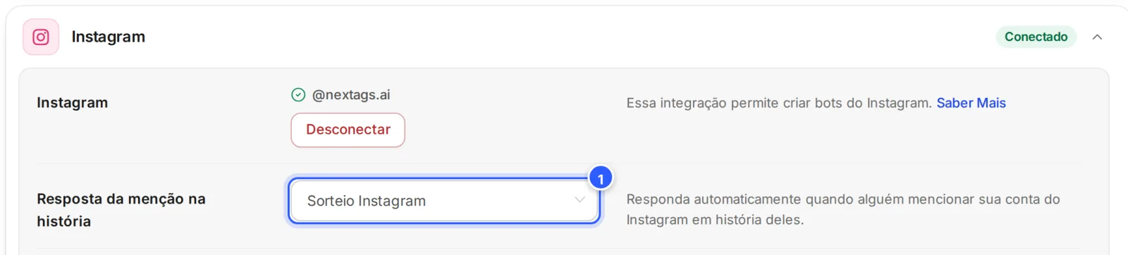 Cartão Instagram conectado, com a linha Resposta da menção na história: o fluxo escolhido e o texto Responda automaticamente quando alguém mencionar sua conta do Instagram em história deles.