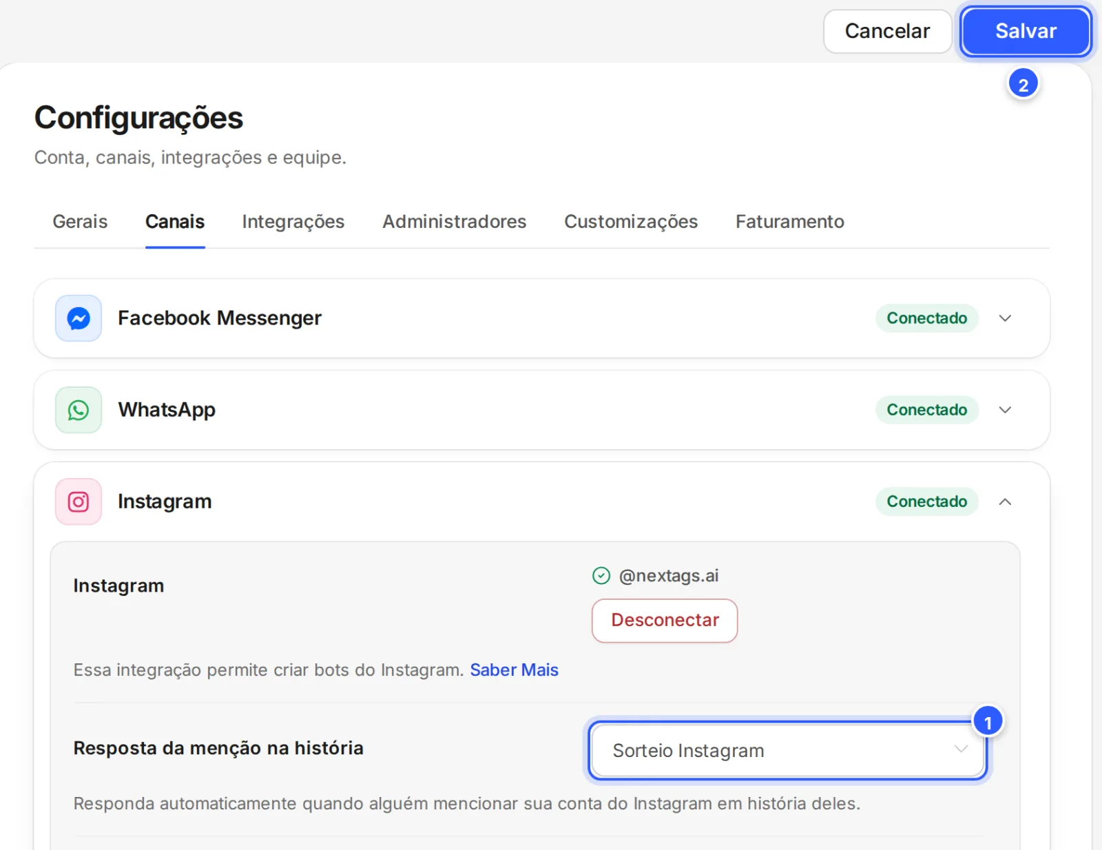 Depois de escolher o fluxo Sorteio Instagram na Resposta da menção na história, os botões Cancelar e Salvar aparecem no alto da tela.