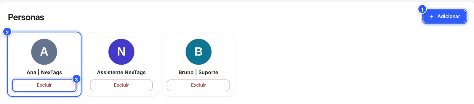 Tela Personas: o botão Adicionar e as personas da conta, cada uma com a foto, o nome e o botão Excluir.