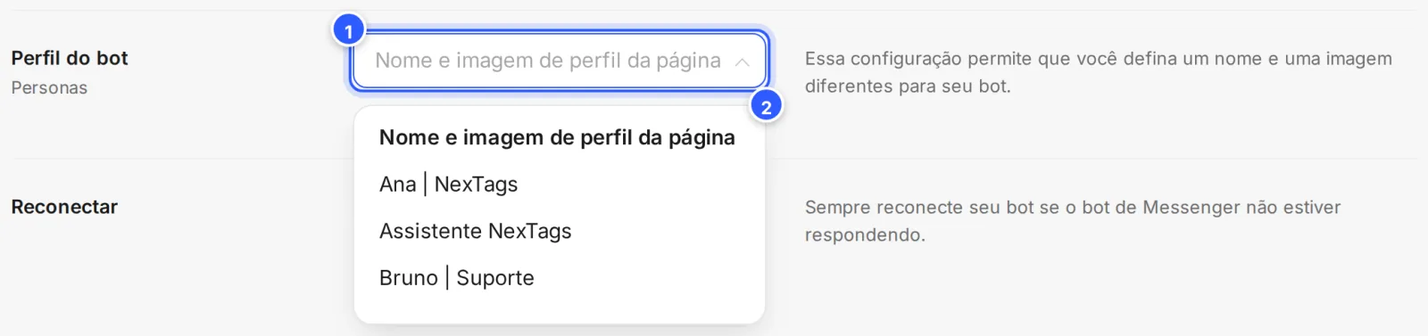 Perfil do bot com a lista aberta: Nome e imagem de perfil da página e as personas Ana | NexTags, Assistente NexTags e Bruno | Suporte.