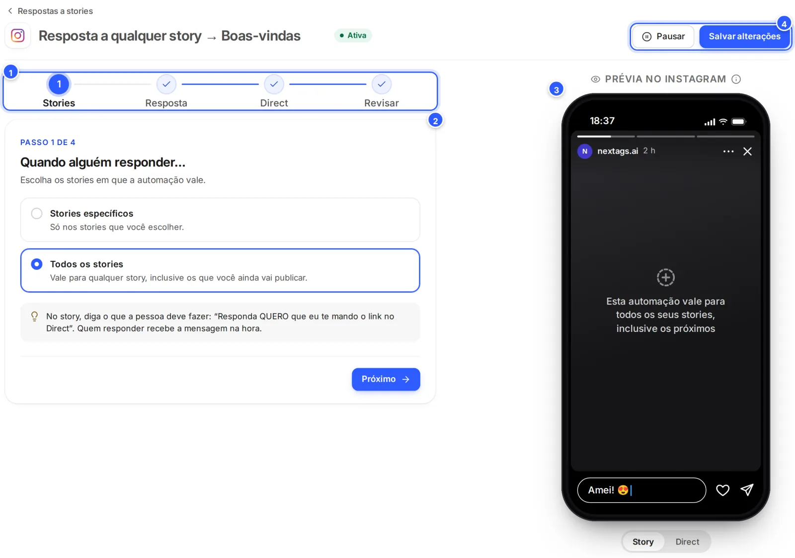 Assistente de resposta a stories: o nome e a situação Ativa no alto, os botões Pausar e Salvar alterações, os passos Stories, Resposta, Direct e Revisar, o passo aberto e, à direita, a Prévia no Instagram com o celular.