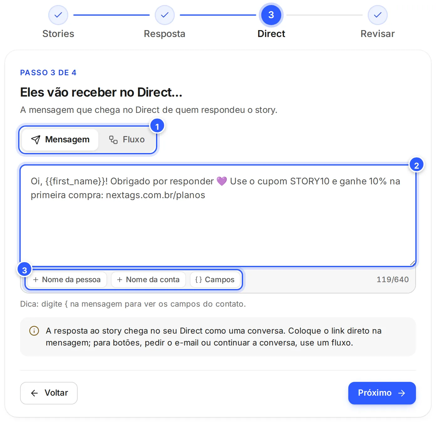 Passo 3 de 4, Eles vão receber no Direct: Mensagem escolhido, o campo com o texto do Direct e, embaixo, Nome da pessoa, Nome da conta, Campos e o contador de caracteres.