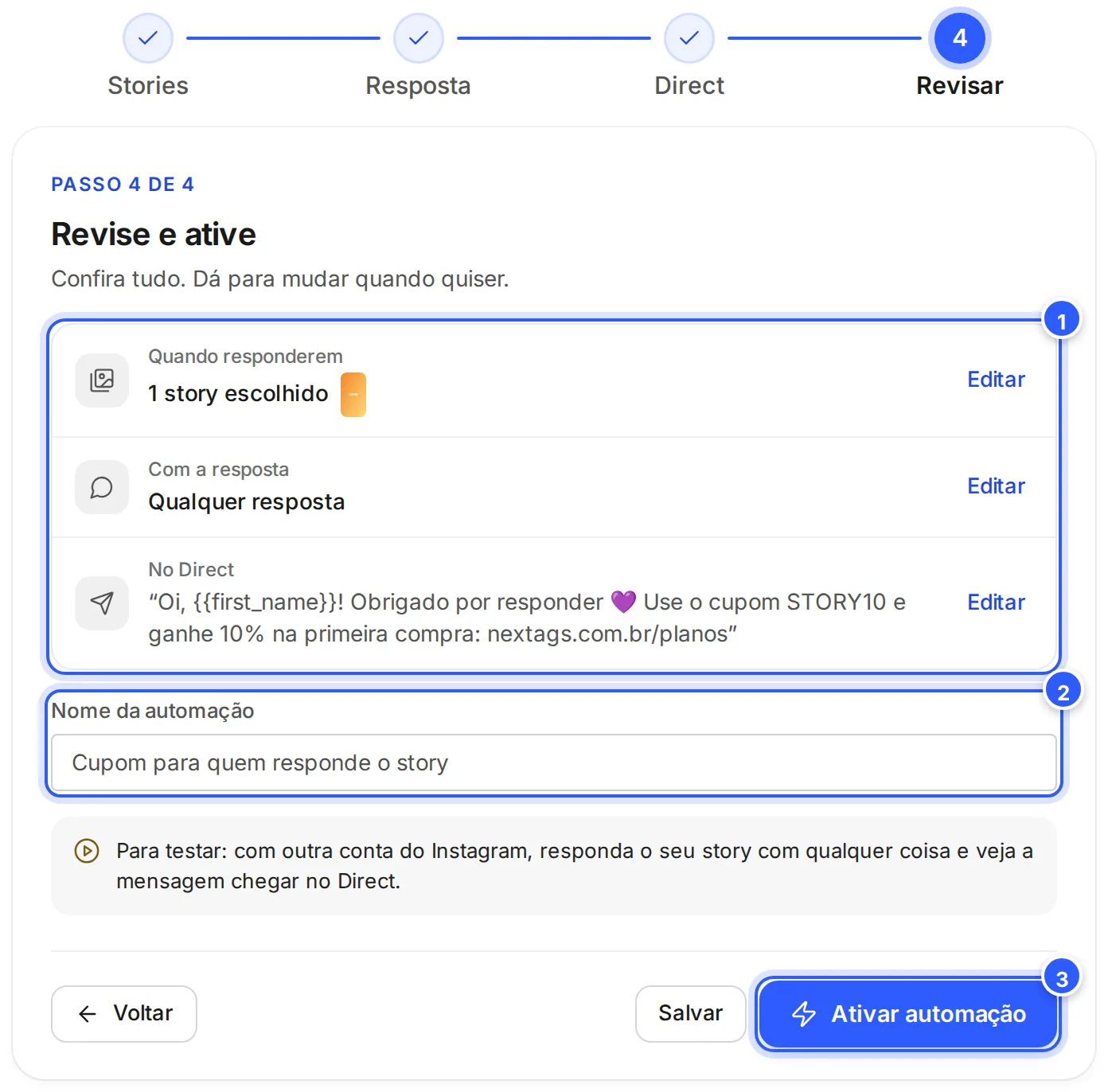 Passo 4 de 4, Revise e ative: o resumo com Quando responderem, Com a resposta e No Direct, cada um com Editar, o campo Nome da automação e os botões Salvar e Ativar automação.