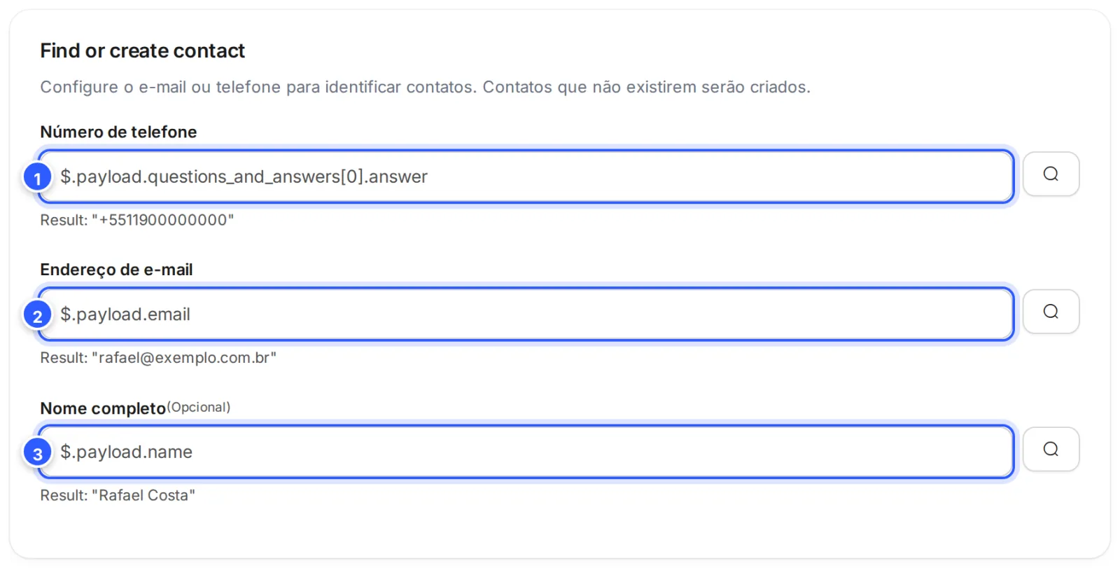Quadro Find or create contact com os caminhos do Calendly: o WhatsApp na primeira resposta, o e-mail e o nome de quem agendou, com o resultado de cada um embaixo.