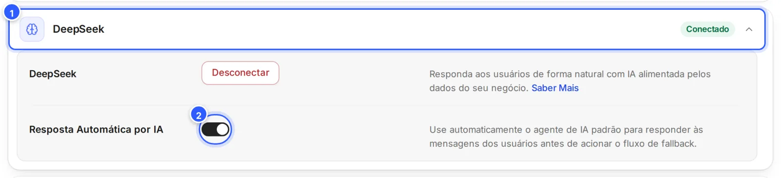 Cartão DeepSeek conectado, com Desconectar e o interruptor Resposta Automática por IA.