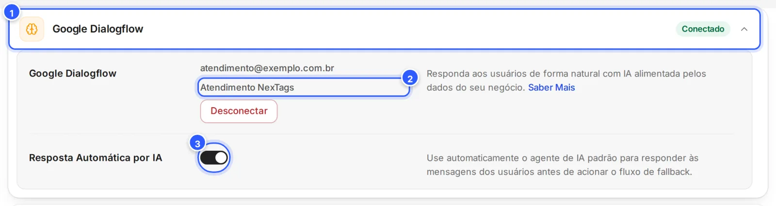 Cartão Google Dialogflow conectado, com Desconectar, a conta do Google, o agente Atendimento NexTags e a Resposta Automática por IA ligada.