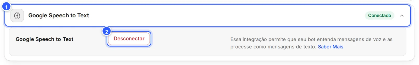 Cartão Google Speech to Text conectado, com o botão Desconectar.