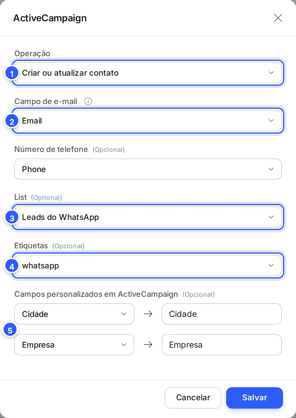 Janela da ação Adicionar contato a ActiveCampaign: Operação Criar ou atualizar contato, o campo de e-mail, o telefone, a lista Leads do WhatsApp, a etiqueta whatsapp e os campos Cidade e Empresa.