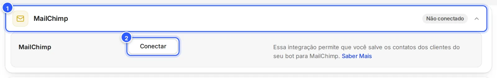 Cartão MailChimp aberto em Configurações › Integrações, Não conectado, com o botão Conectar e o texto da integração.