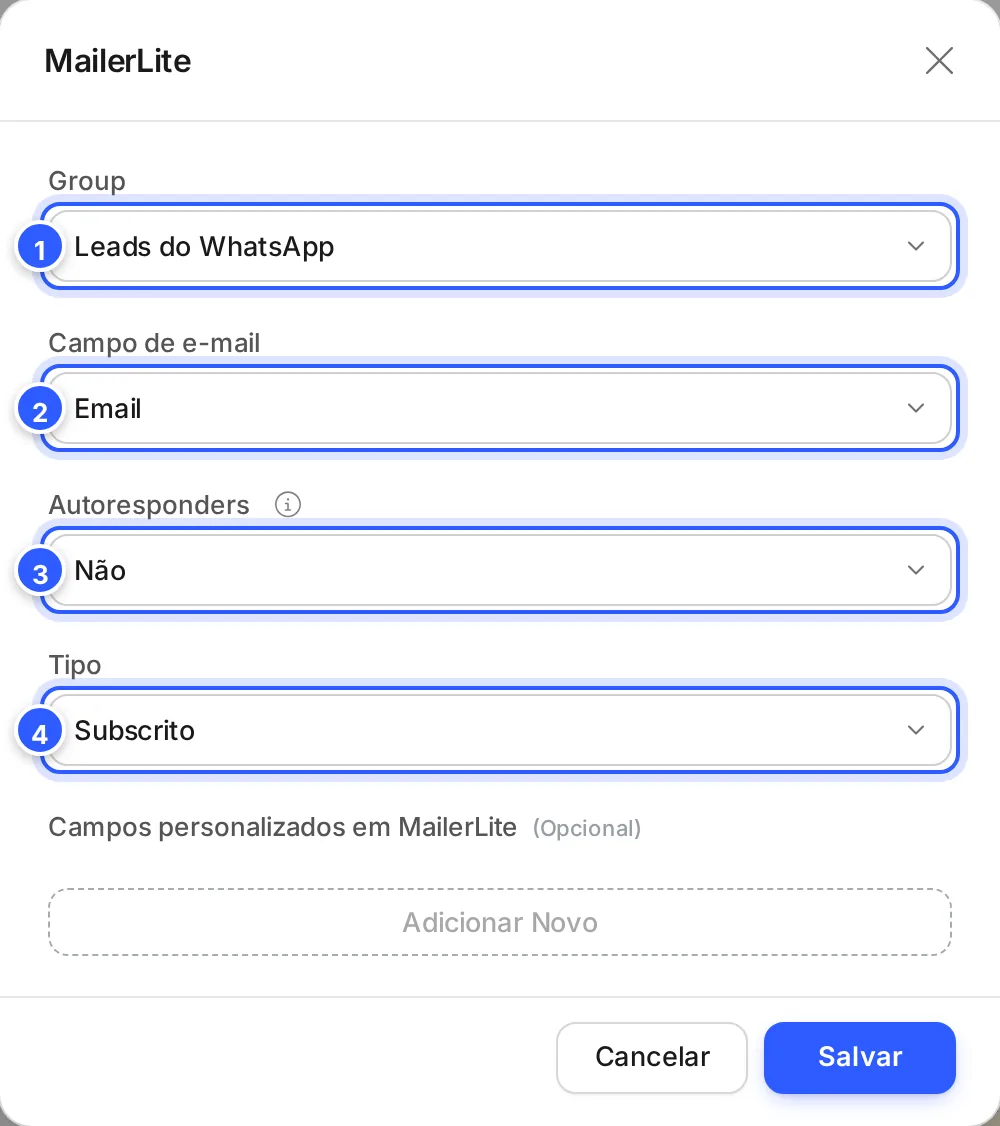 Janela da ação Adicionar contato a MailerLite: o grupo Leads do WhatsApp, o campo de e-mail, Autoresponders em Não, o tipo Subscrito e os campos personalizados.