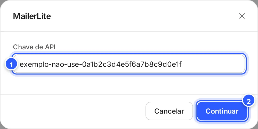 Janela MailerLite com o campo Chave de API preenchido com uma chave de exemplo e os botões Cancelar e Continuar.