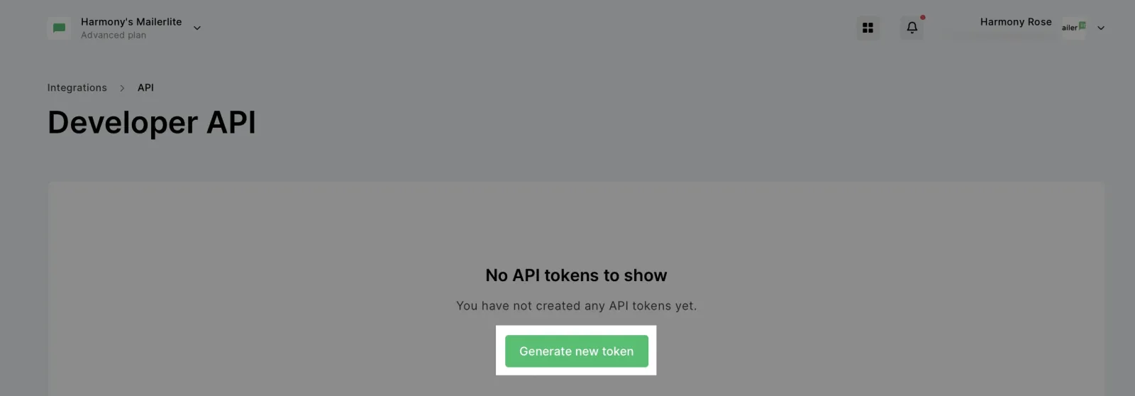 Página Integrations › API da MailerLite, em inglês, com o título Developer API e o botão Generate new token em destaque.