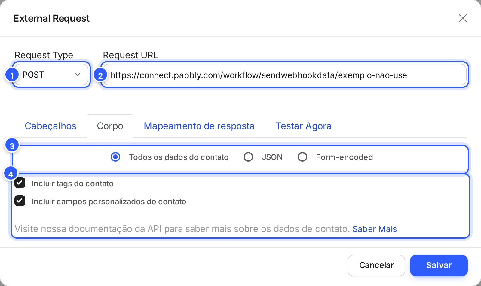 Janela External Request com o tipo POST, o endereço de exemplo de um webhook do Pabbly Connect e, na aba Corpo, Todos os dados do contato com as etiquetas e os campos personalizados.