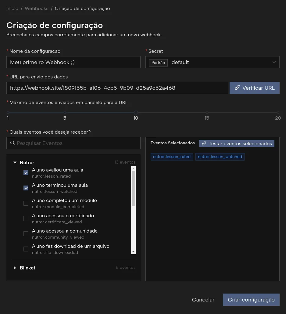 Tela Criação de configuração do webhook da Eduzz: Nome da configuração, Secret, URL para envio dos dados com o botão Verificar URL, Máximo de eventos enviados em paralelo, a lista Quais eventos você deseja receber, Testar eventos selecionados e Criar configuração.
