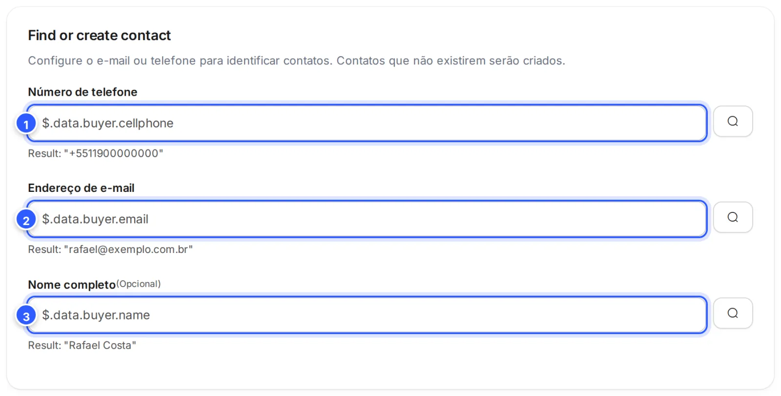 Quadro Find or create contact com os caminhos de uma venda da Eduzz: o celular, o e-mail e o nome do comprador, com o resultado de cada um embaixo.