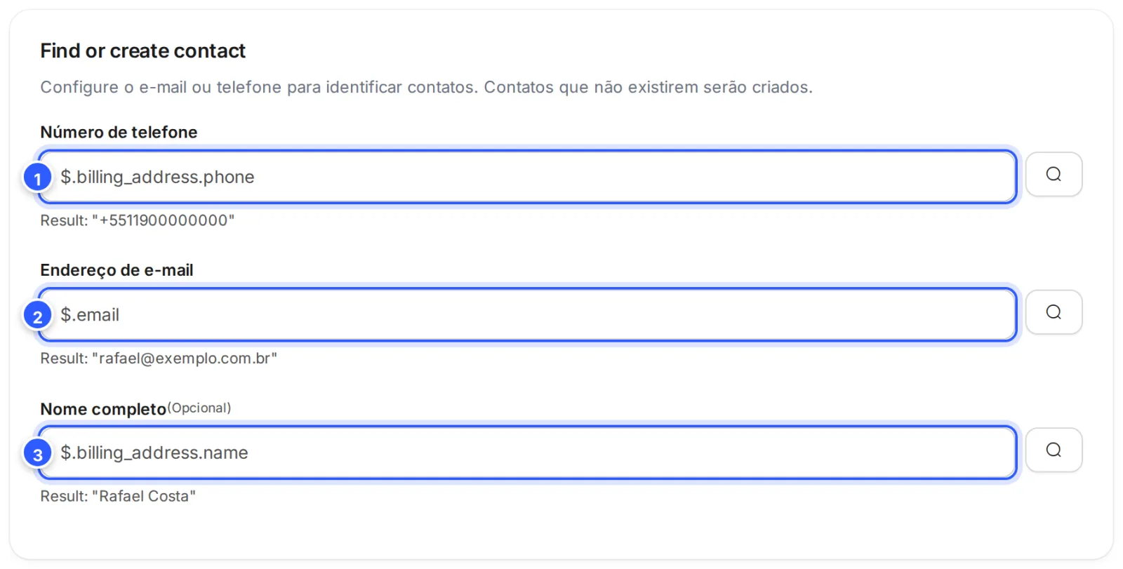 Quadro Find or create contact com os caminhos de um pedido da Shopify: o telefone e o nome do endereço de cobrança e o e-mail do pedido, com o resultado de cada um embaixo.