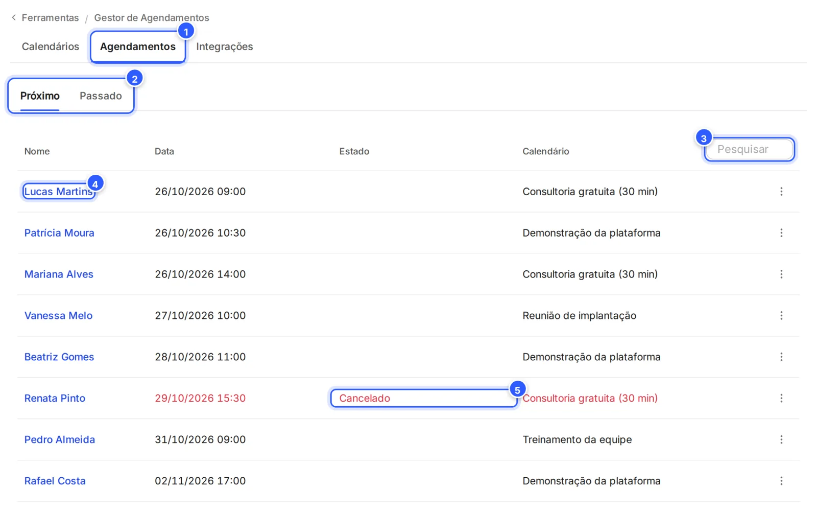 Aba Agendamentos: Próximo e Passado, a busca e a lista com o nome do contato, a data, o estado e o calendário de cada agendamento; um deles cancelado, em vermelho.