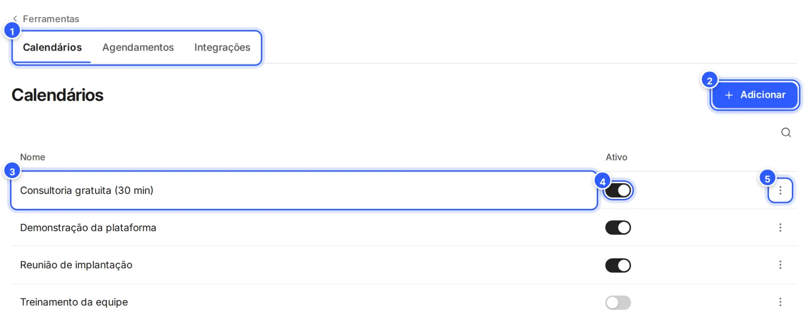 Gestor de Agendamentos, aba Calendários: as abas Calendários, Agendamentos e Integrações, o botão Adicionar e a lista de calendários com o interruptor Ativo e o menu de três pontos.