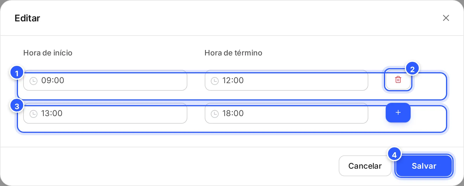 A janela Editar de segunda-feira: a faixa 09:00 a 12:00 com a lixeira e, embaixo, a faixa nova de 13:00 a 18:00 pronta para entrar no +. Embaixo, Cancelar e Salvar.
