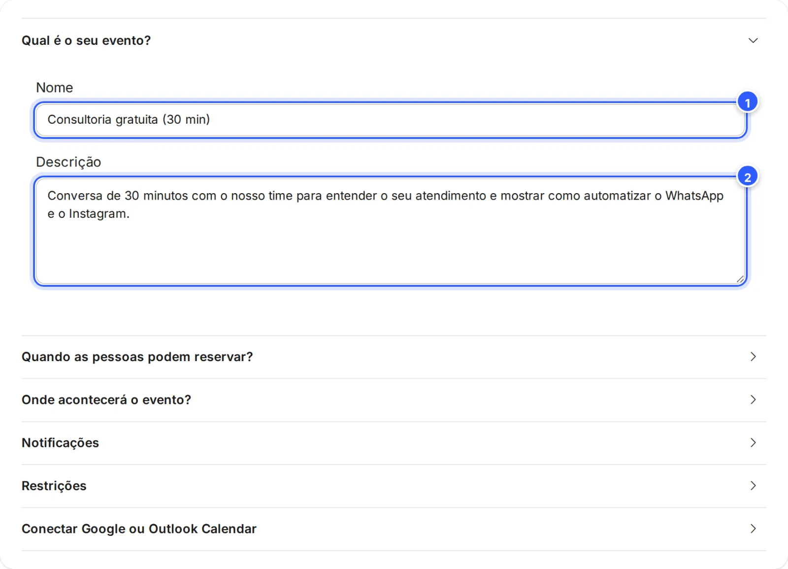 O editor do calendário Consultoria gratuita (30 min), com a seção Qual é o seu evento? aberta: Nome e Descrição. Embaixo, as outras seções fechadas.