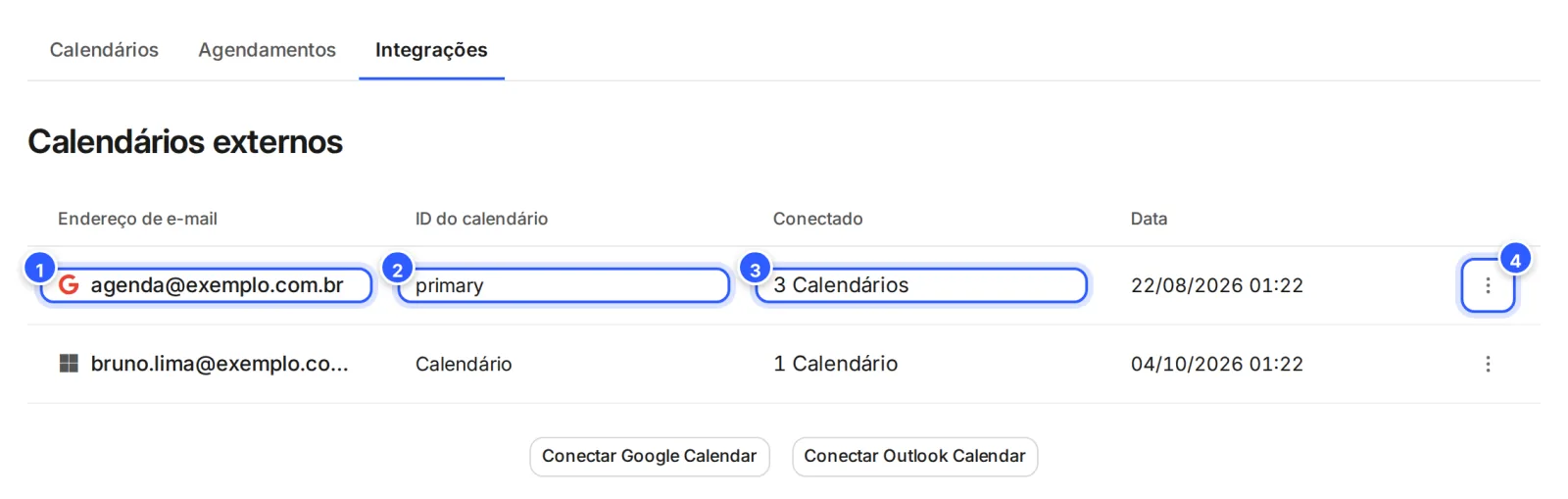 Calendários externos com duas contas conectadas: uma do Google e uma da Microsoft, com o endereço de e-mail, o ID do calendário, quantos calendários usam cada uma, a data e o menu de três pontos.