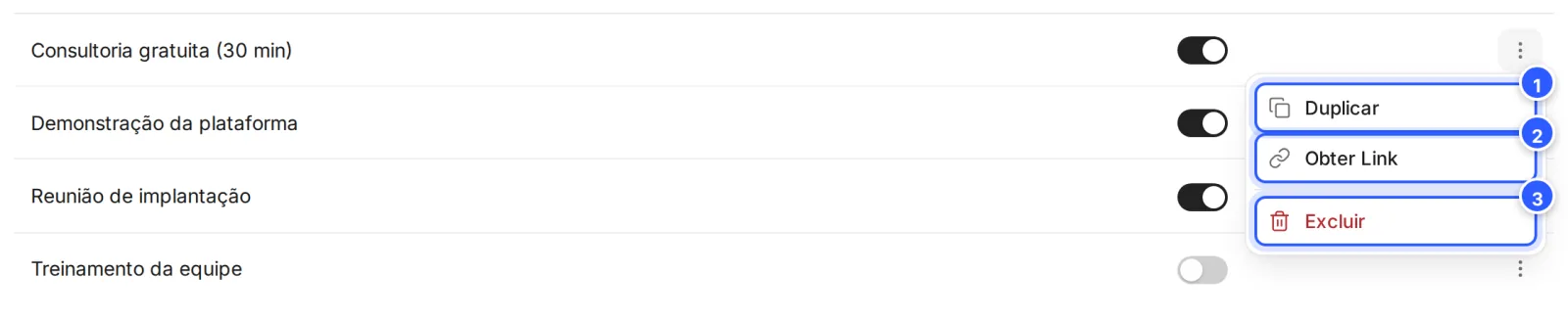 O menu de três pontos de um calendário aberto: Duplicar, Obter Link e Excluir.