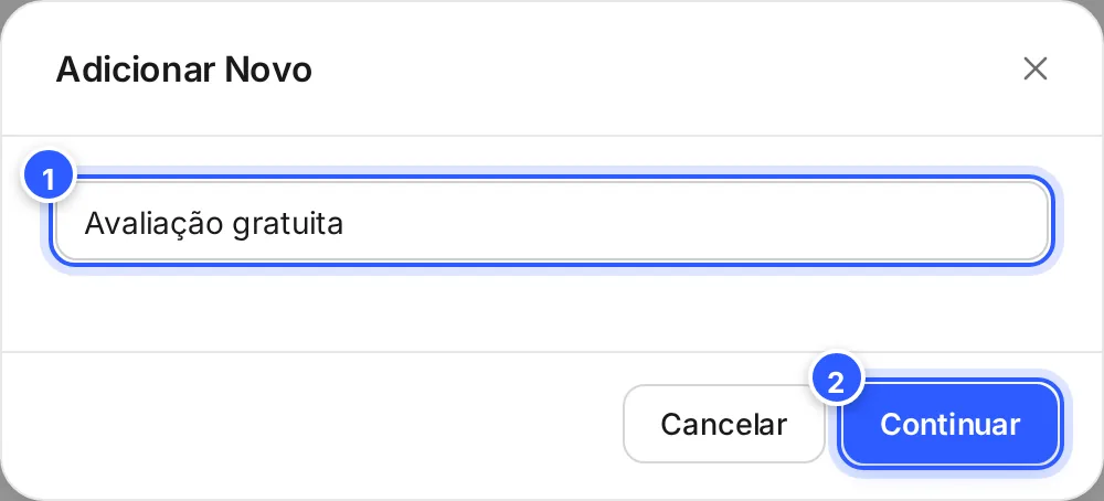 A janela Adicionar Novo com o nome do calendário escrito, Avaliação gratuita, e os botões Cancelar e Continuar.