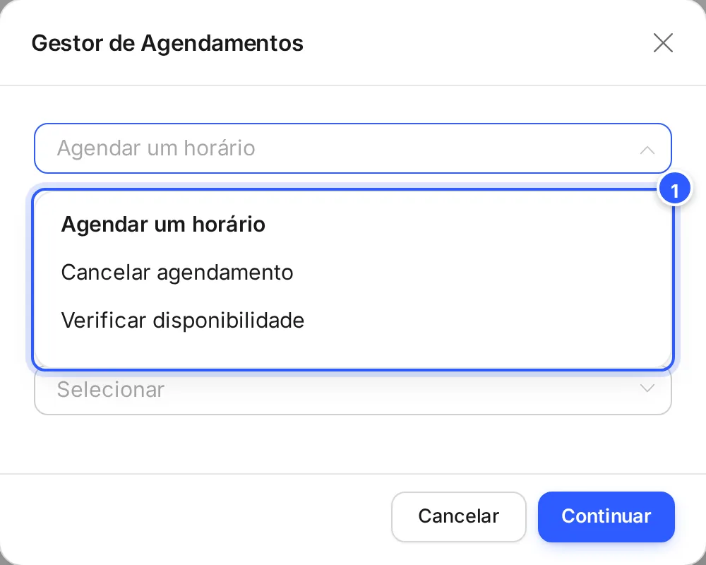 O seletor da janela Gestor de Agendamentos aberto: Agendar um horário, Cancelar agendamento e Verificar disponibilidade.