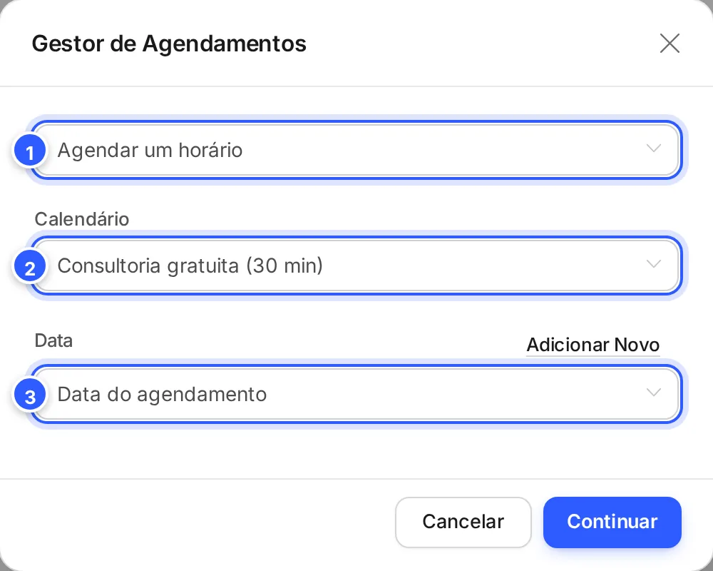 Janela Gestor de Agendamentos com Agendar um horário, o Calendário Consultoria gratuita (30 min) e, em Data, o campo Data do agendamento.