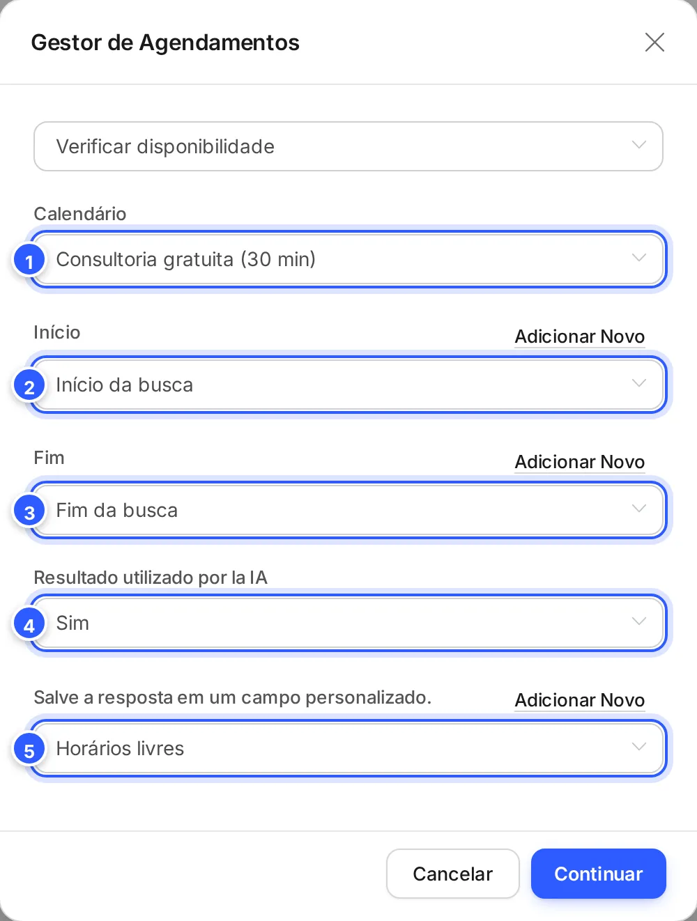Janela Gestor de Agendamentos com Verificar disponibilidade: Calendário, Início, Fim, Resultado utilizado por la IA e o campo onde a resposta fica salva.