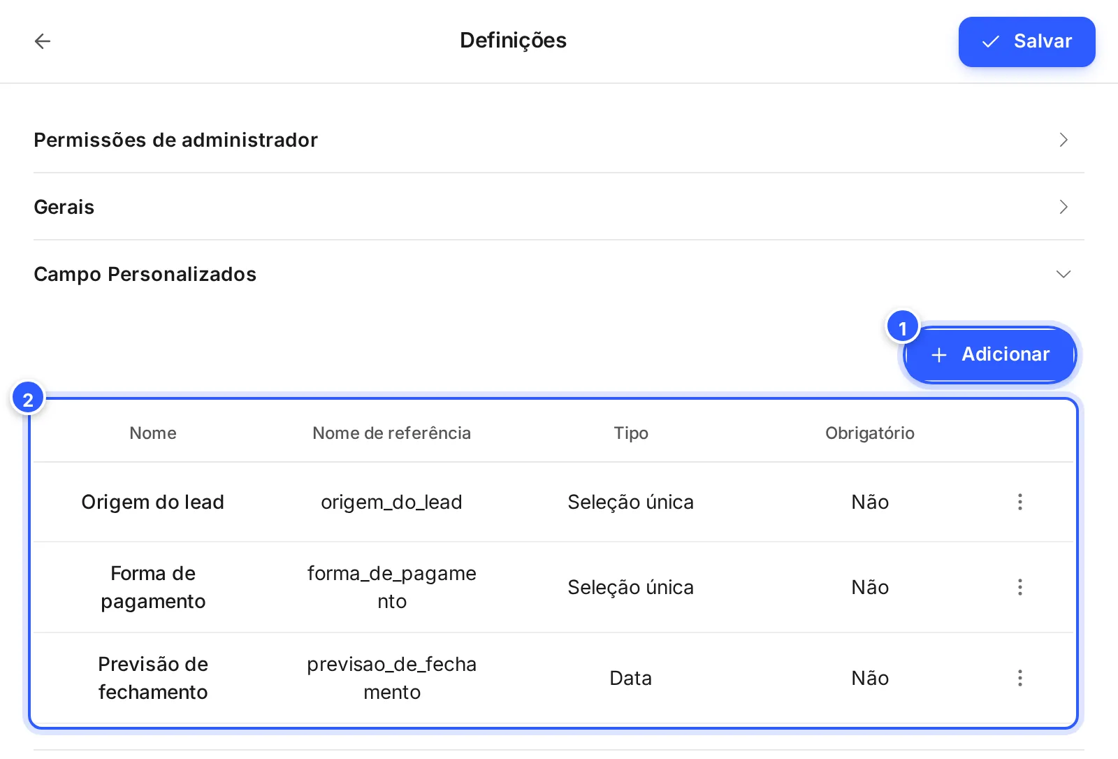 Nas definições do pipeline, Campo Personalizados aberto: o botão Adicionar e a tabela com nome, nome de referência, tipo e se é obrigatório.