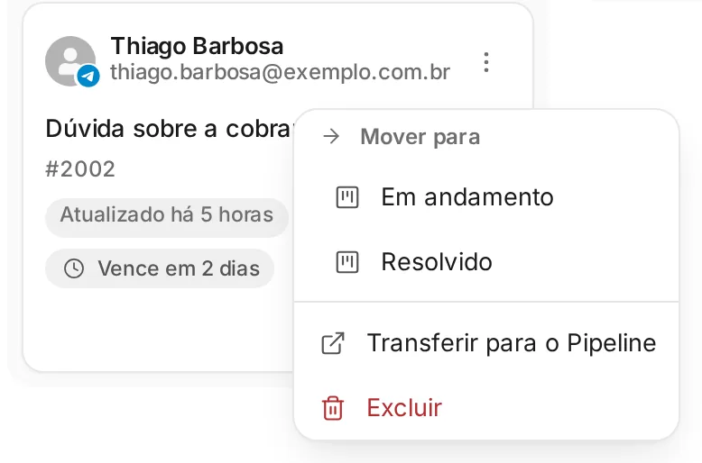 O menu de um ticket do pipeline Suporte: Mover para, com as etapas Em andamento e Resolvido, Transferir para o Pipeline e Excluir.