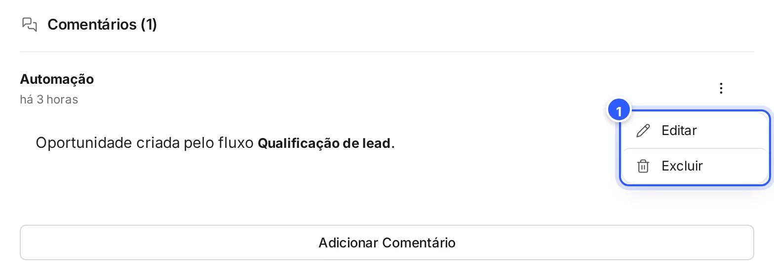 O menu de um comentário: Editar e Excluir.
