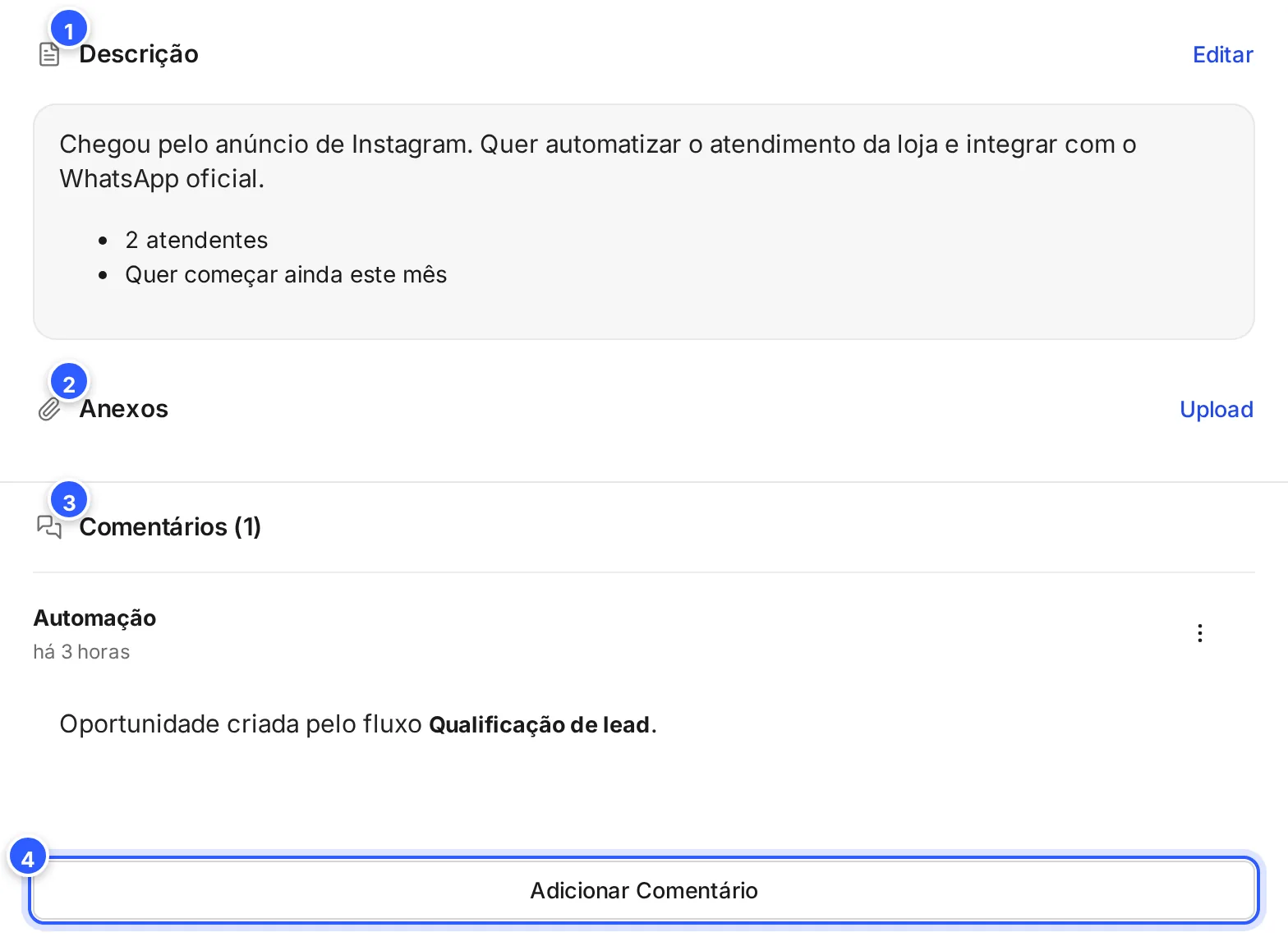 O fim da oportunidade aberta: a descrição, os anexos com Upload, os comentários e o botão Adicionar Comentário.