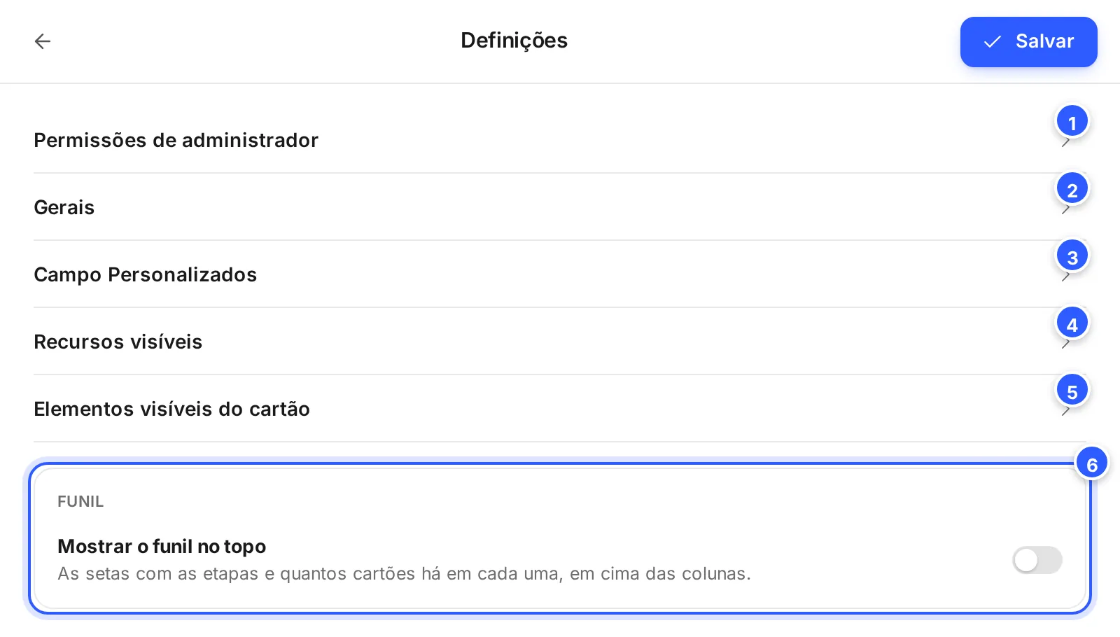 A gaveta Definições do pipeline: Permissões de administrador, Gerais, Campo Personalizados, Recursos visíveis, Elementos visíveis do cartão e o bloco Funil.