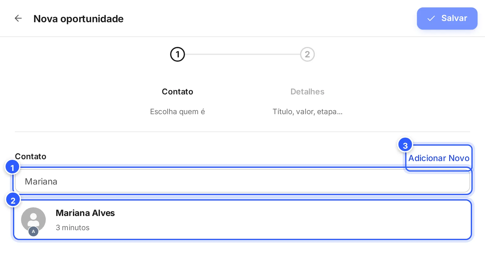 Nova oportunidade, primeiro passo: a busca do contato com o resultado Mariana Alves e o botão Adicionar Novo.
